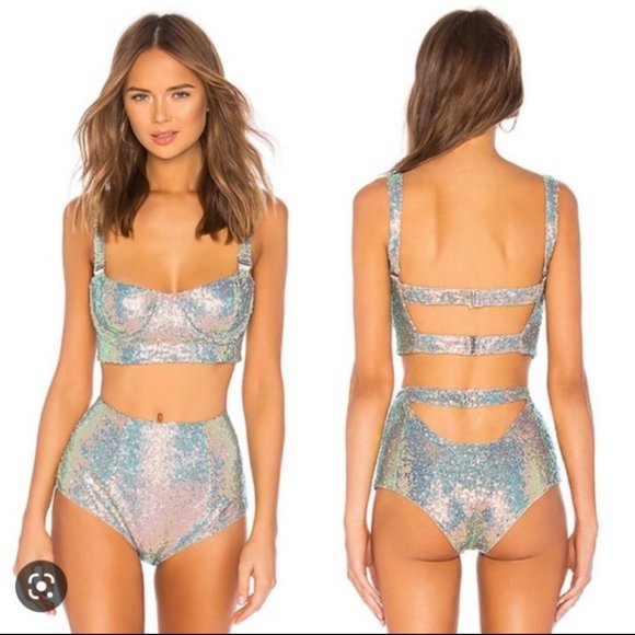 NWT For Love & Lemons SET Purple Cosmo Sequin Underwire Bra & High Waist Panty.